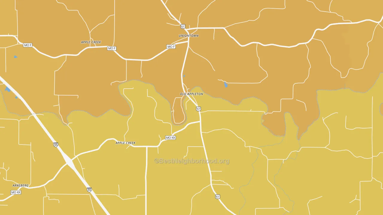 Map of the best neighborhoods in the Old Appleton area, with better matches in green and worse matches in red