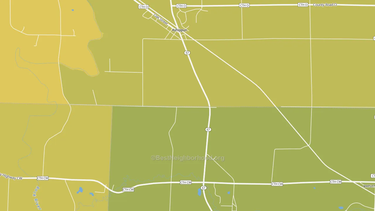 Map of the best neighborhoods in the Old Ashippun area, with better matches in green and worse matches in red