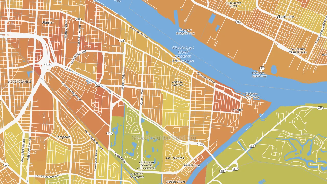 Map of the best neighborhoods in the Old Aurora, New Orleans area, with better matches in green and worse matches in red
