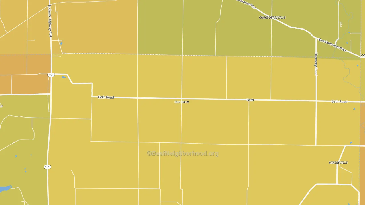 Map of the best neighborhoods in the Old Bath area, with better matches in green and worse matches in red