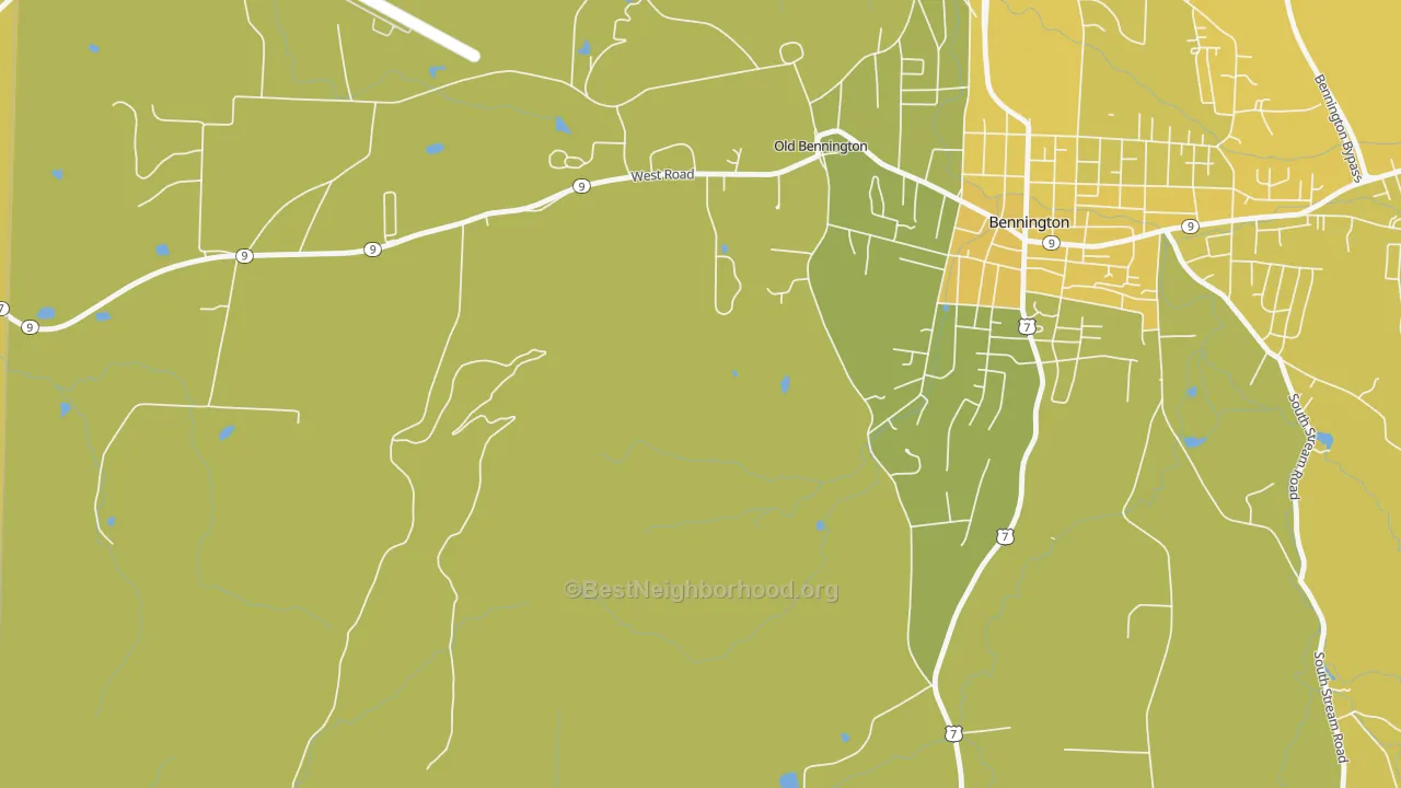 Map of the best neighborhoods in the Old Bennington area, with better matches in green and worse matches in red