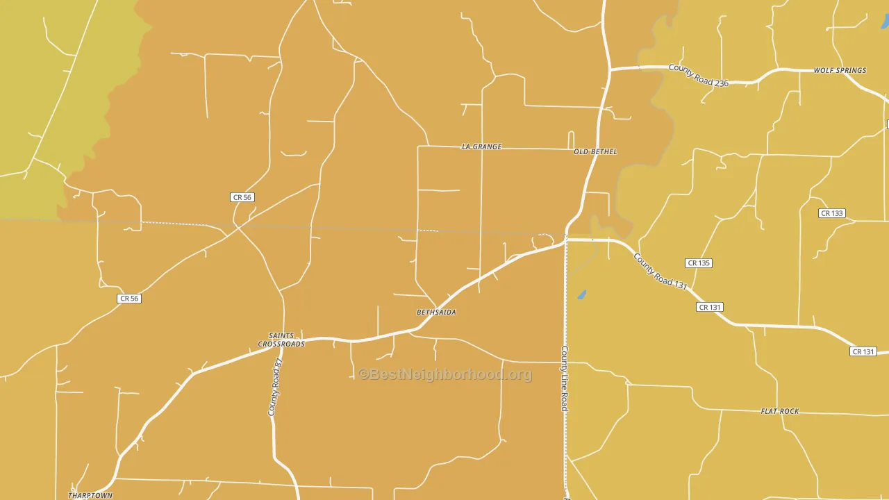 Map of the best neighborhoods in the Old Bethel area, with better matches in green and worse matches in red