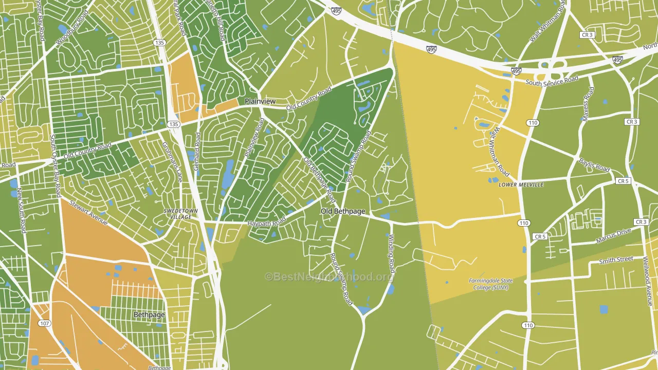Map of the best neighborhoods in the Old Bethpage area, with better matches in green and worse matches in red