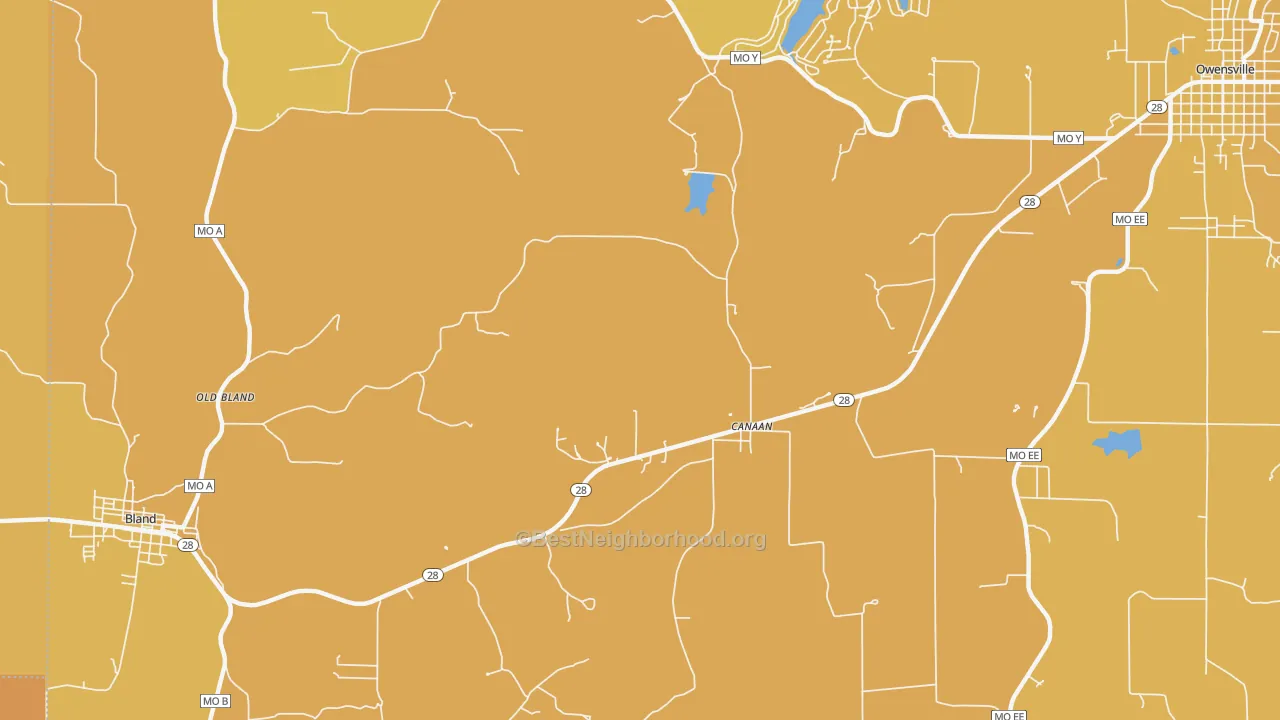 Map of the best neighborhoods in the Old Bland area, with better matches in green and worse matches in red