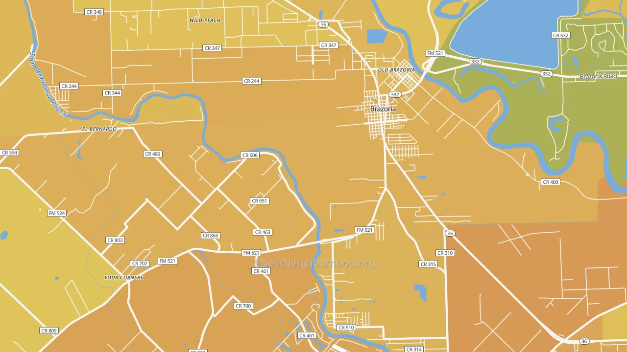 Map of the best neighborhoods in the Old Brazoria area, with better matches in green and worse matches in red