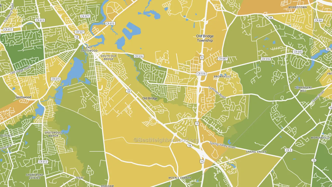 Map of the best neighborhoods in the Old Bridge area, with better matches in green and worse matches in red