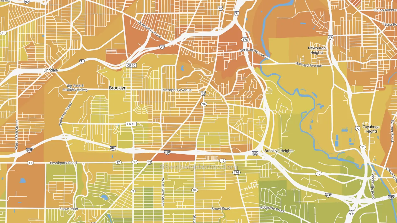 Map of the best neighborhoods in the Old Brooklyn, Cleveland area, with better matches in green and worse matches in red