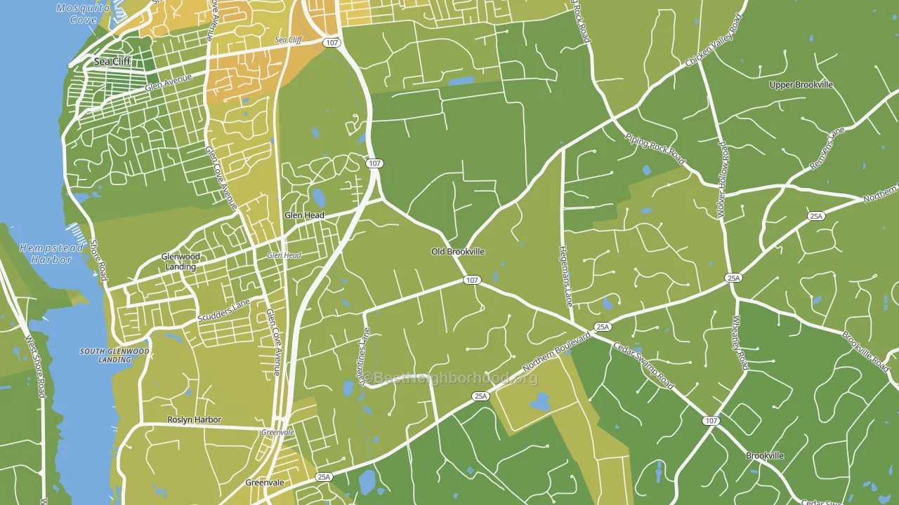 Map of the best neighborhoods in the Old Brookville area, with better matches in green and worse matches in red