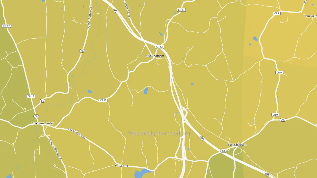 Map of the best neighborhoods in the Old Chatham area, with better matches in green and worse matches in red