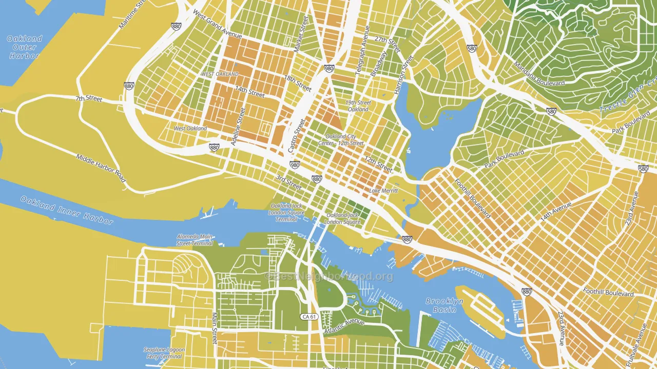 Map of the best neighborhoods in the Old City-Produce and Waterfront, Oakland area, with better matches in green and worse matches in red