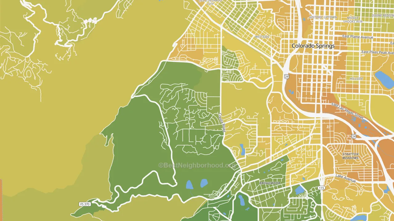Map of the best neighborhoods in the Old Colorado City, Colorado Springs area, with better matches in green and worse matches in red