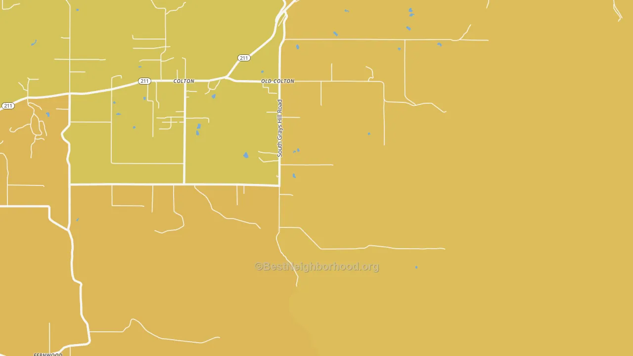 Map of the best neighborhoods in the Old Colton area, with better matches in green and worse matches in red
