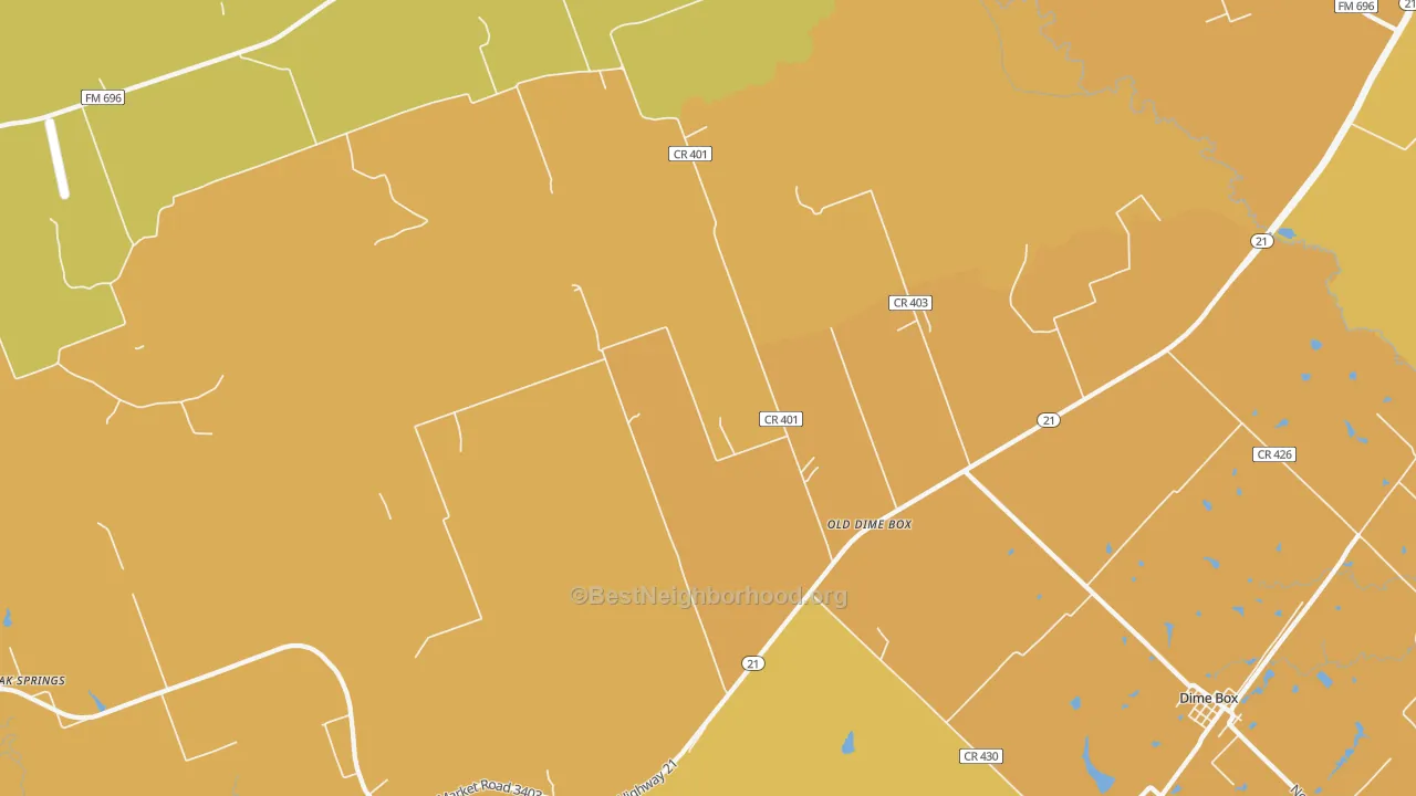 Map of the best neighborhoods in the Old Dime Box area, with better matches in green and worse matches in red