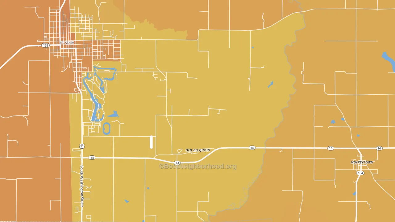 Map of the best neighborhoods in the Old Du Quoin area, with better matches in green and worse matches in red