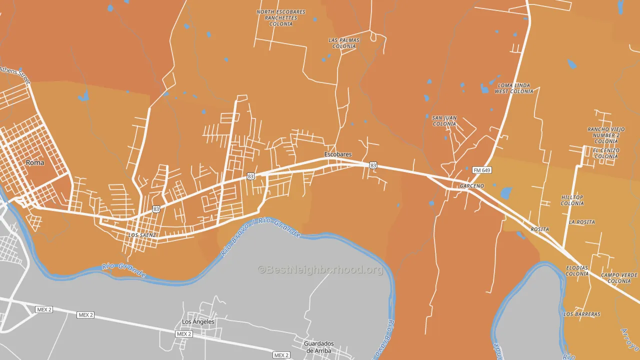 Map of the best neighborhoods in the Old Escobares area, with better matches in green and worse matches in red