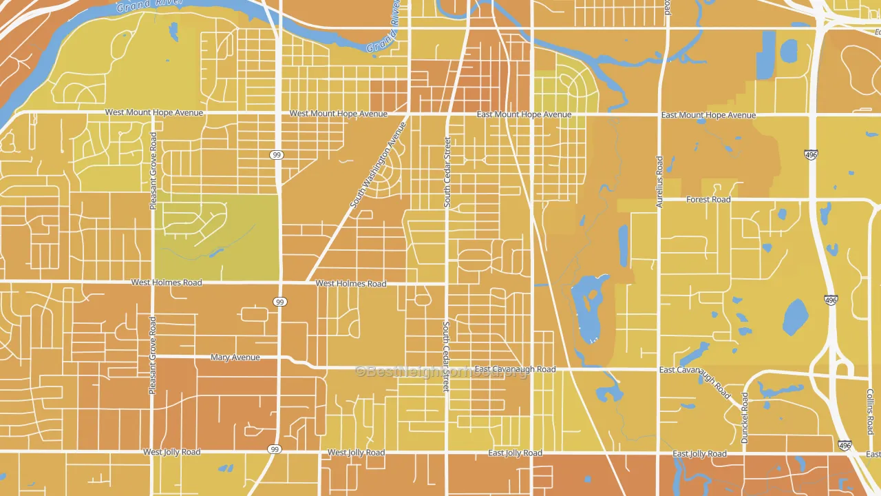 Map of the best neighborhoods in the Old Everett, Lansing area, with better matches in green and worse matches in red