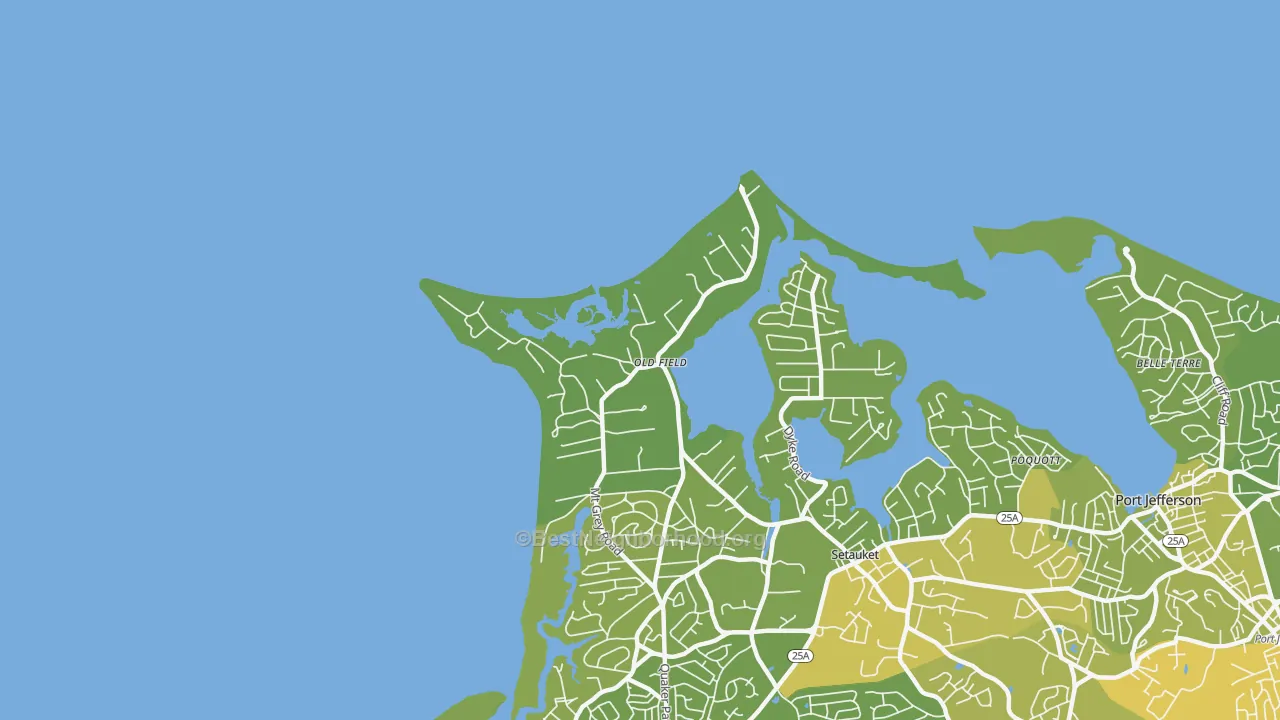Map of the best neighborhoods in the Old Field area, with better matches in green and worse matches in red