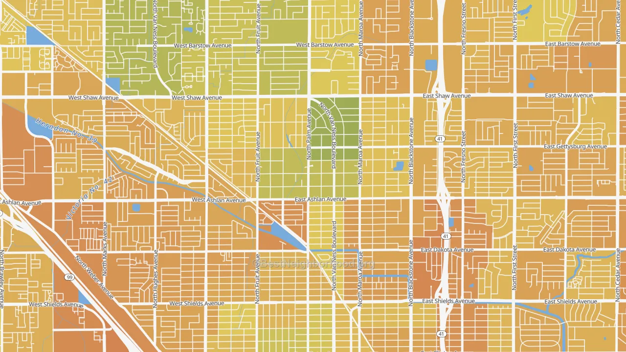 Map of the best neighborhoods in the Old Fig Garden area, with better matches in green and worse matches in red