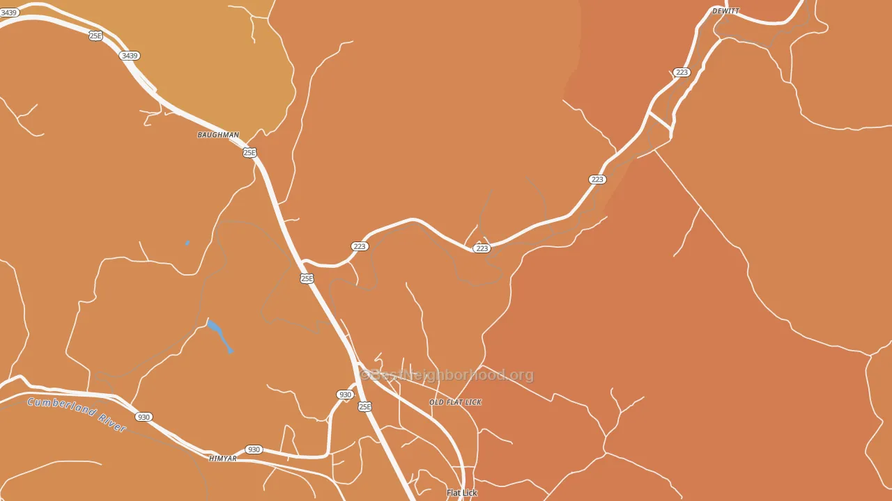 Map of the best neighborhoods in the Old Flat Lick area, with better matches in green and worse matches in red