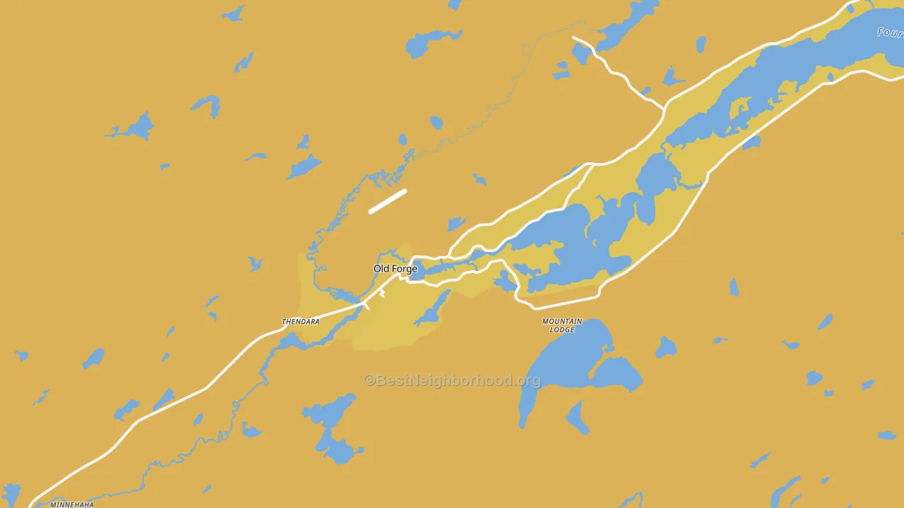 Map of the best neighborhoods in the Old Forge area, with better matches in green and worse matches in red