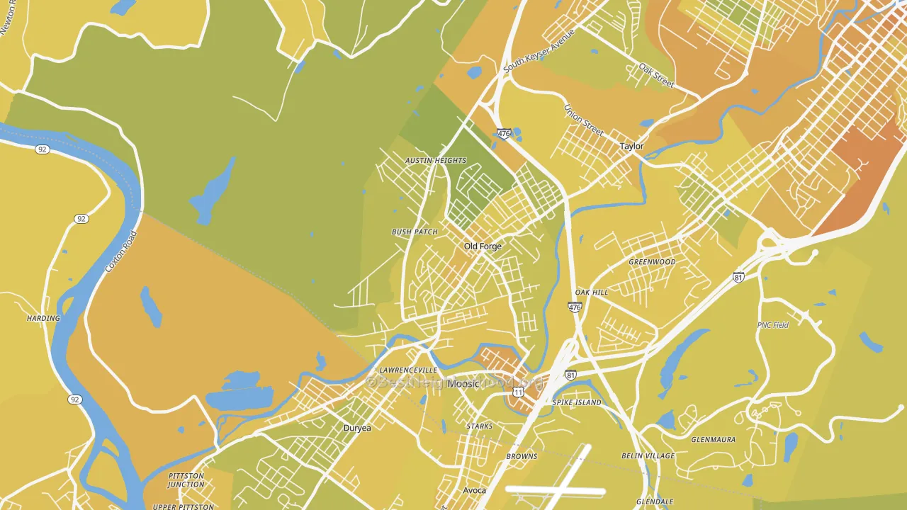 Map of the best neighborhoods in the Old Forge area, with better matches in green and worse matches in red