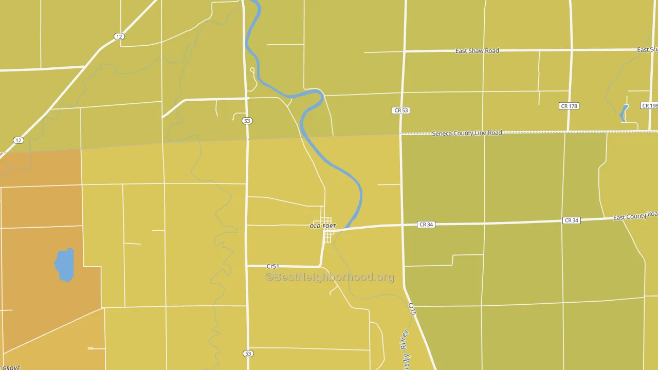 Map of the best neighborhoods in the Old Fort area, with better matches in green and worse matches in red