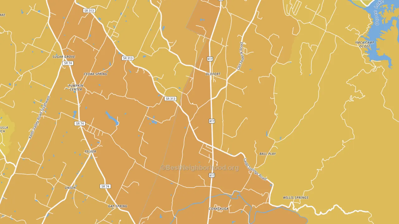 Map of the best neighborhoods in the Old Fort area, with better matches in green and worse matches in red