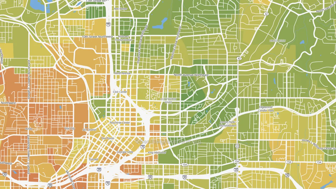 Map of the best neighborhoods in the Old Fourth Ward, Atlanta area, with better matches in green and worse matches in red