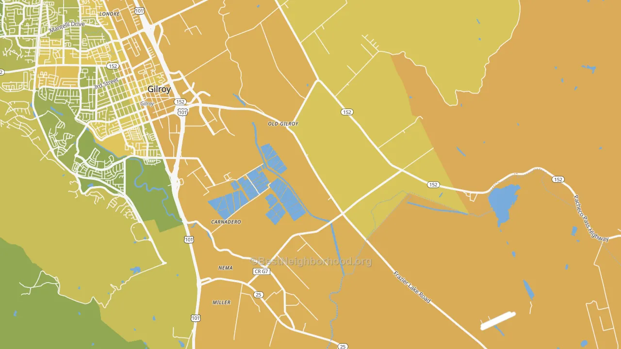 Map of the best neighborhoods in the Old Gilroy area, with better matches in green and worse matches in red