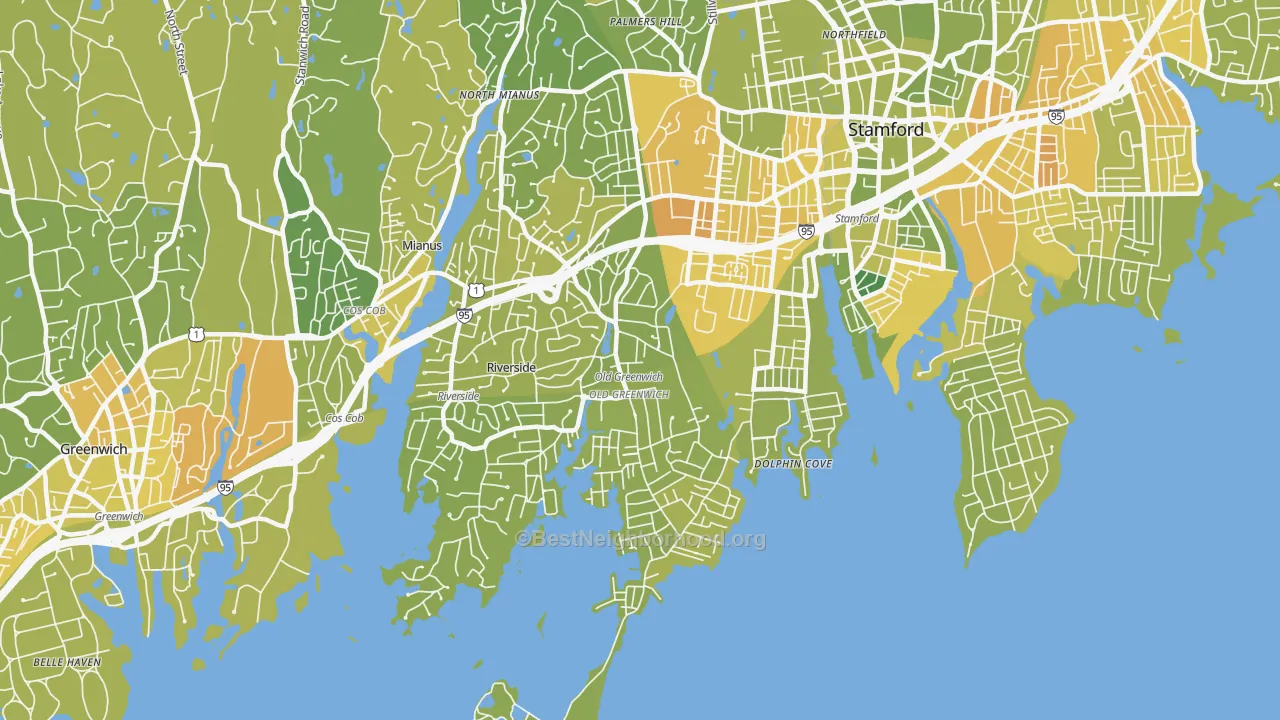 Map of the best neighborhoods in the Old Greenwich area, with better matches in green and worse matches in red