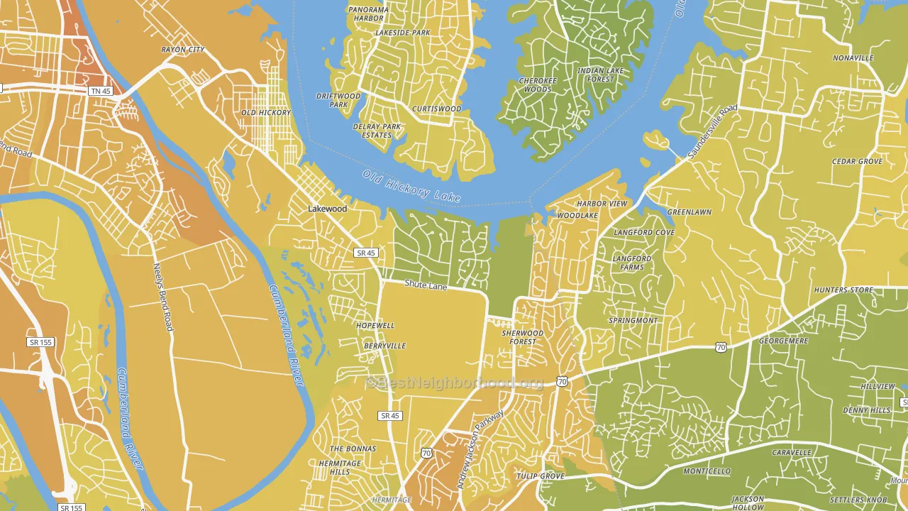 Map of the best neighborhoods in the Old Hickory area, with better matches in green and worse matches in red
