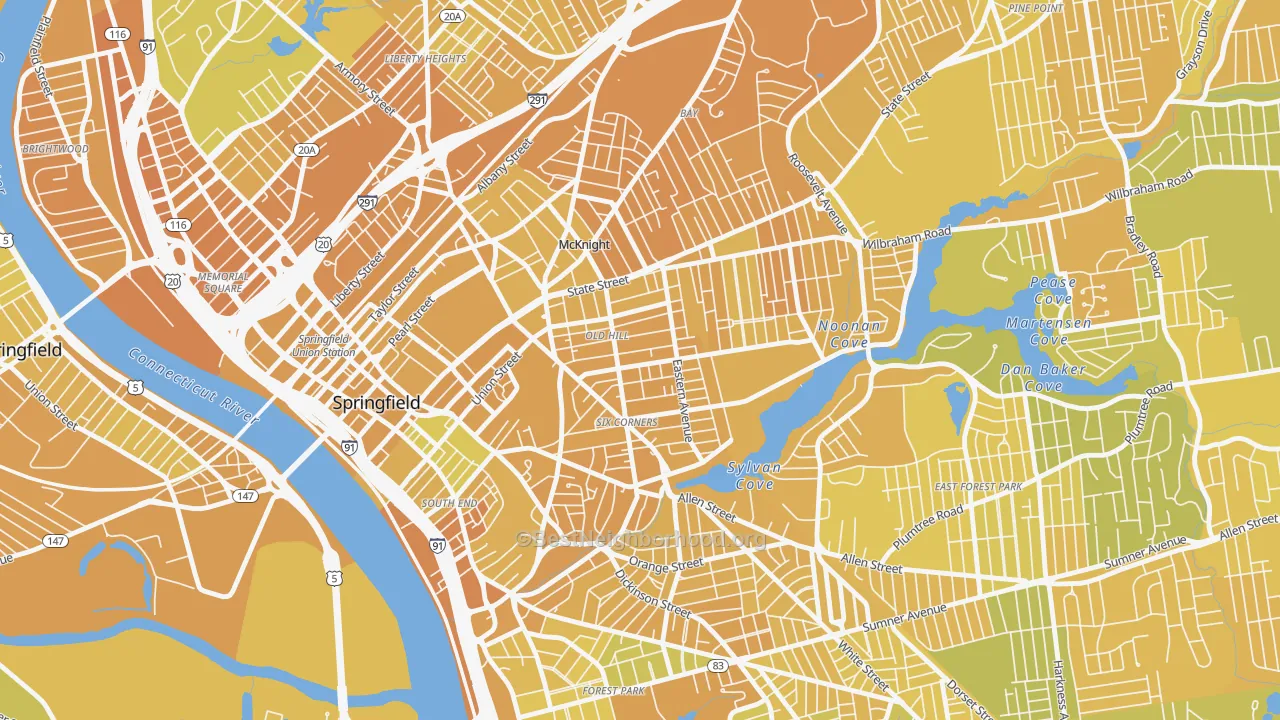 Map of the best neighborhoods in the Old Hill, Springfield area, with better matches in green and worse matches in red