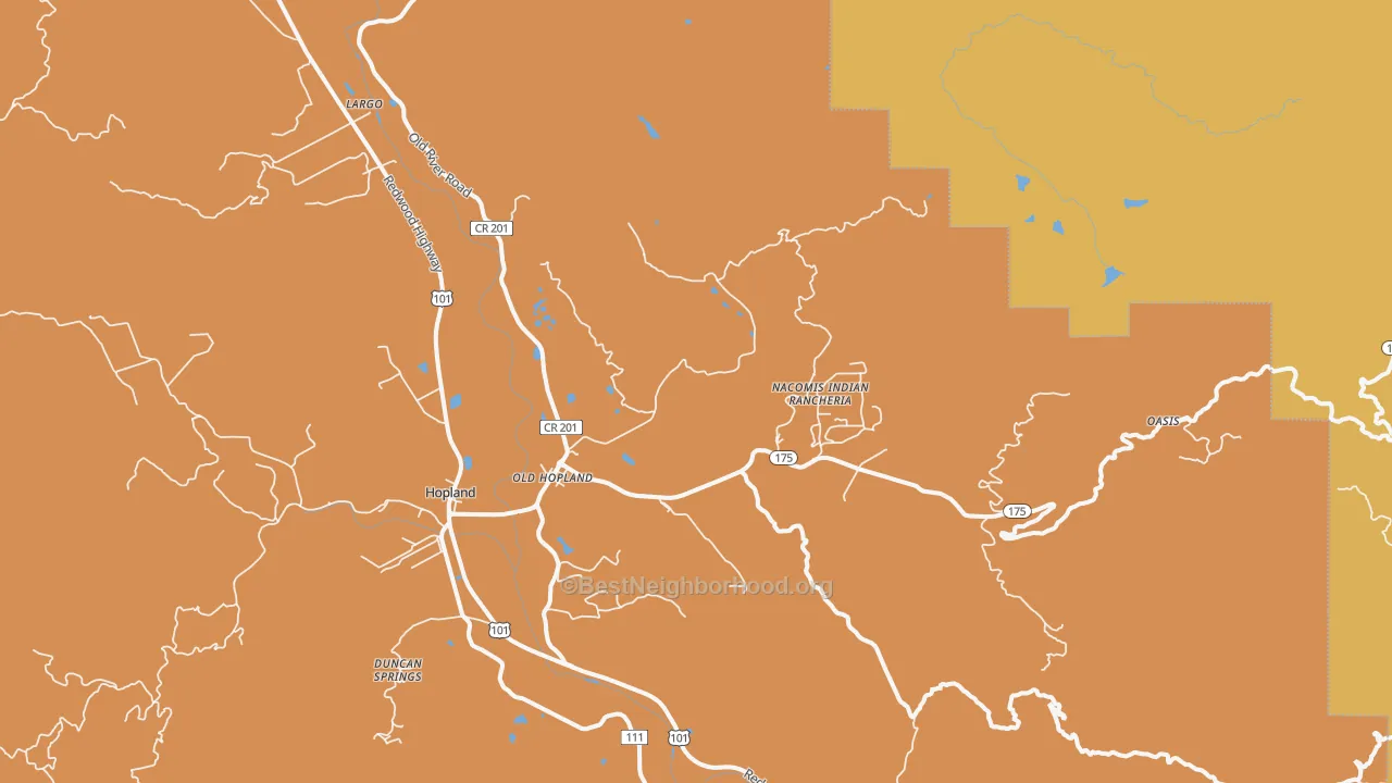 Map of the best neighborhoods in the Old Hopland area, with better matches in green and worse matches in red