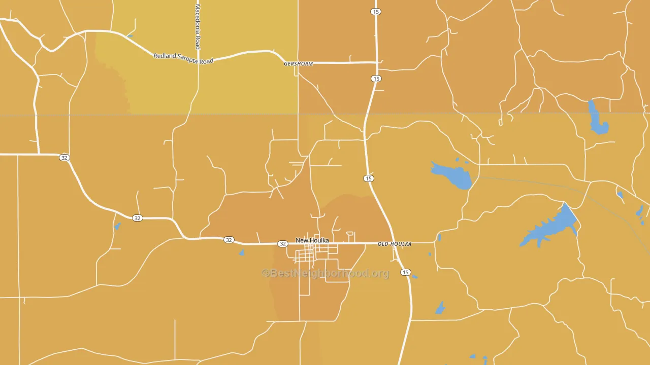 Map of the best neighborhoods in the Old Houlka area, with better matches in green and worse matches in red