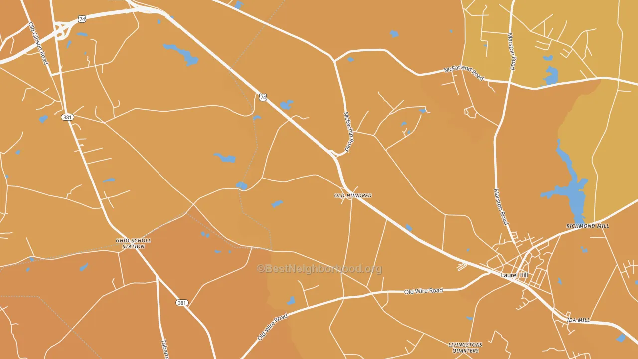 Map of the best neighborhoods in the Old Hundred area, with better matches in green and worse matches in red