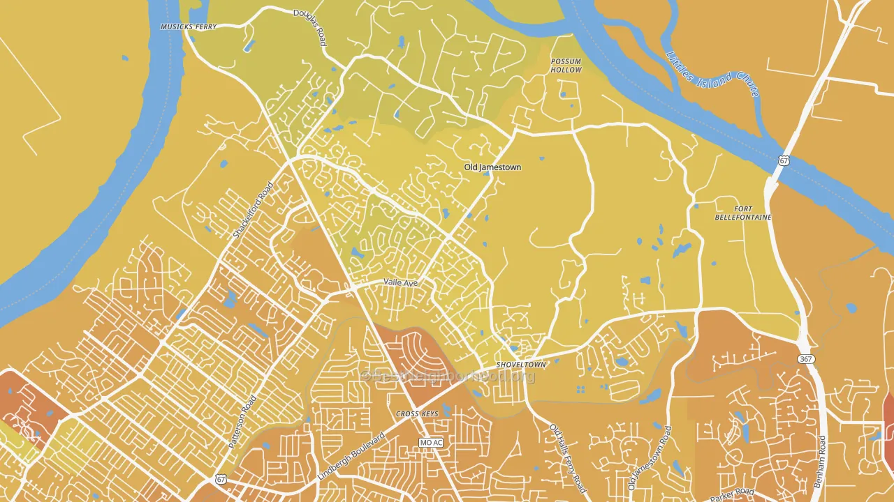 Map of the best neighborhoods in the Old Jamestown area, with better matches in green and worse matches in red