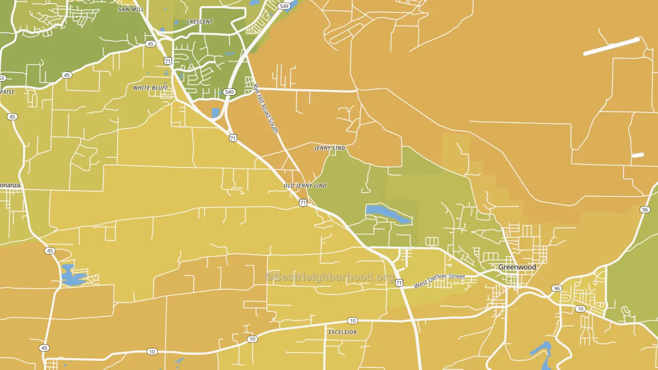 Map of the best neighborhoods in the Old Jenny Lind area, with better matches in green and worse matches in red