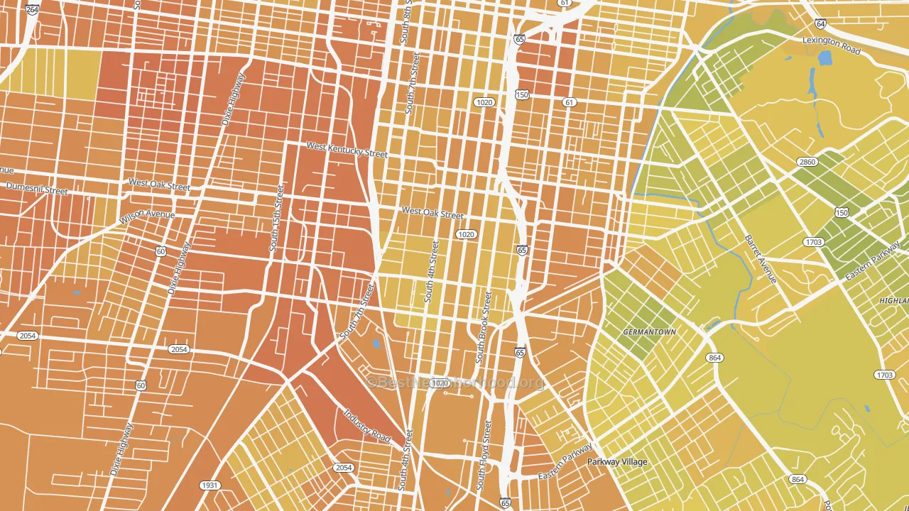Map of the best neighborhoods in the Old Louisville, Louisville area, with better matches in green and worse matches in red