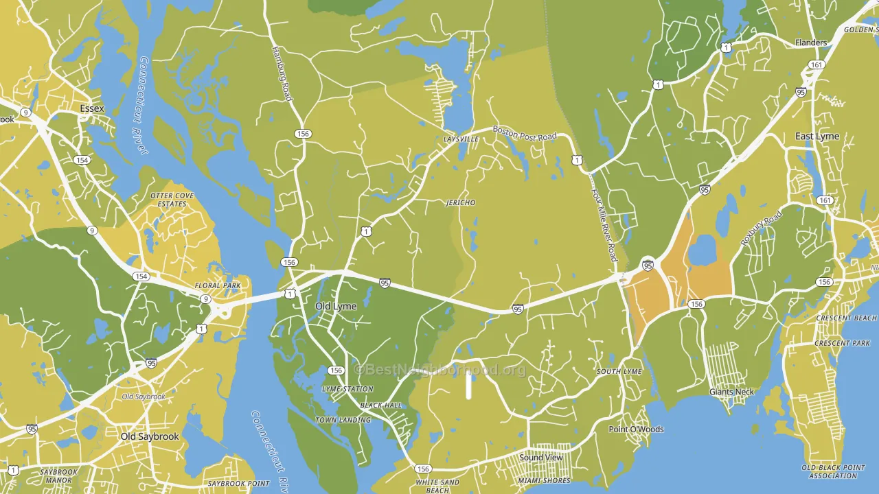 Map of the best neighborhoods in the Old Lyme area, with better matches in green and worse matches in red