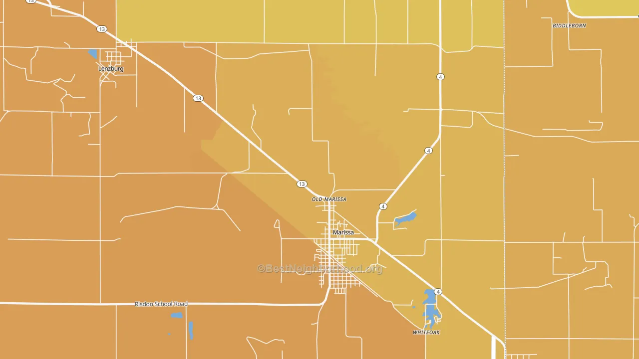 Map of the best neighborhoods in the Old Marissa area, with better matches in green and worse matches in red