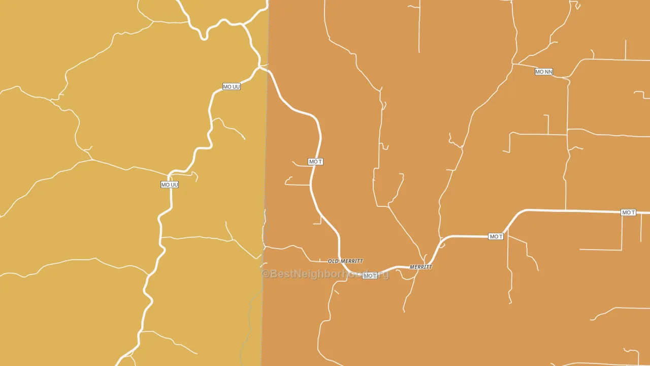 Map of the best neighborhoods in the Old Merritt area, with better matches in green and worse matches in red