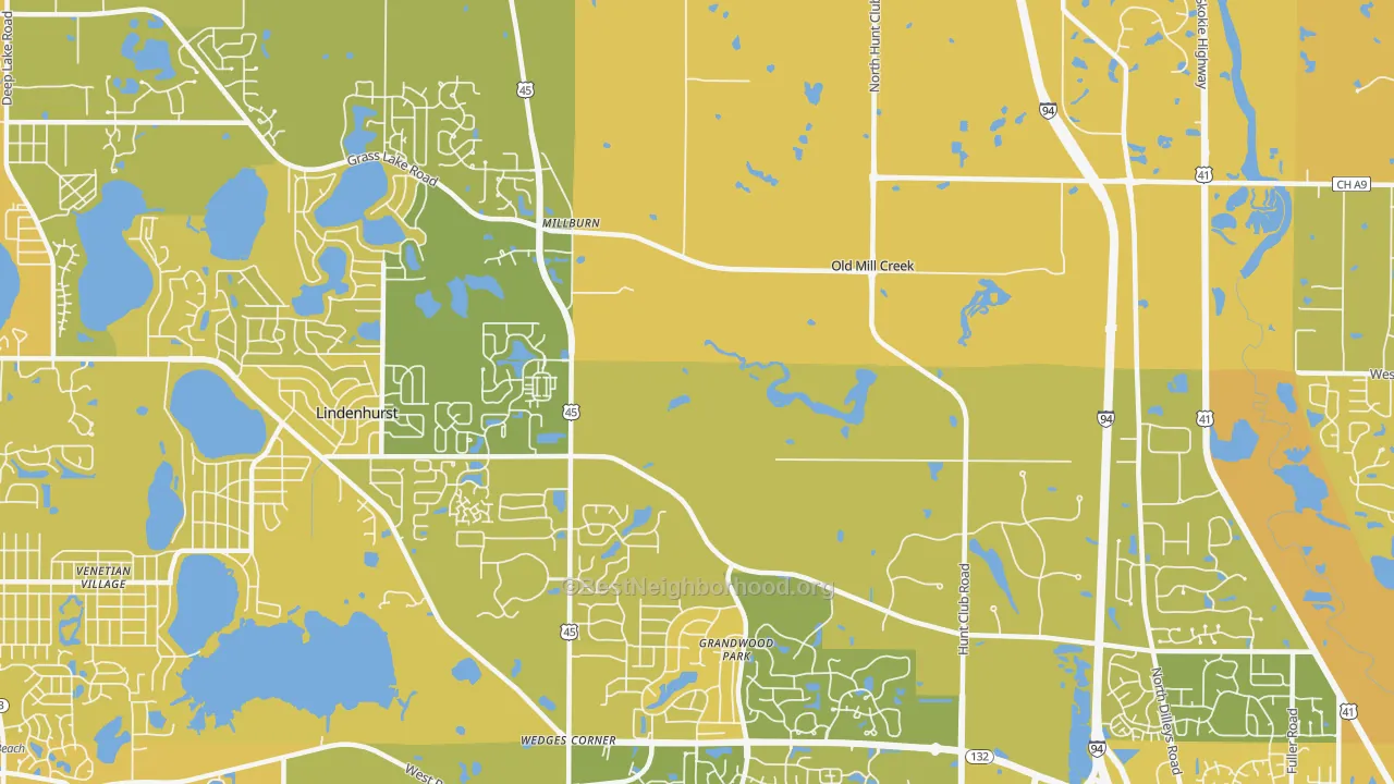 Map of the best neighborhoods in the Old Mill Creek area, with better matches in green and worse matches in red