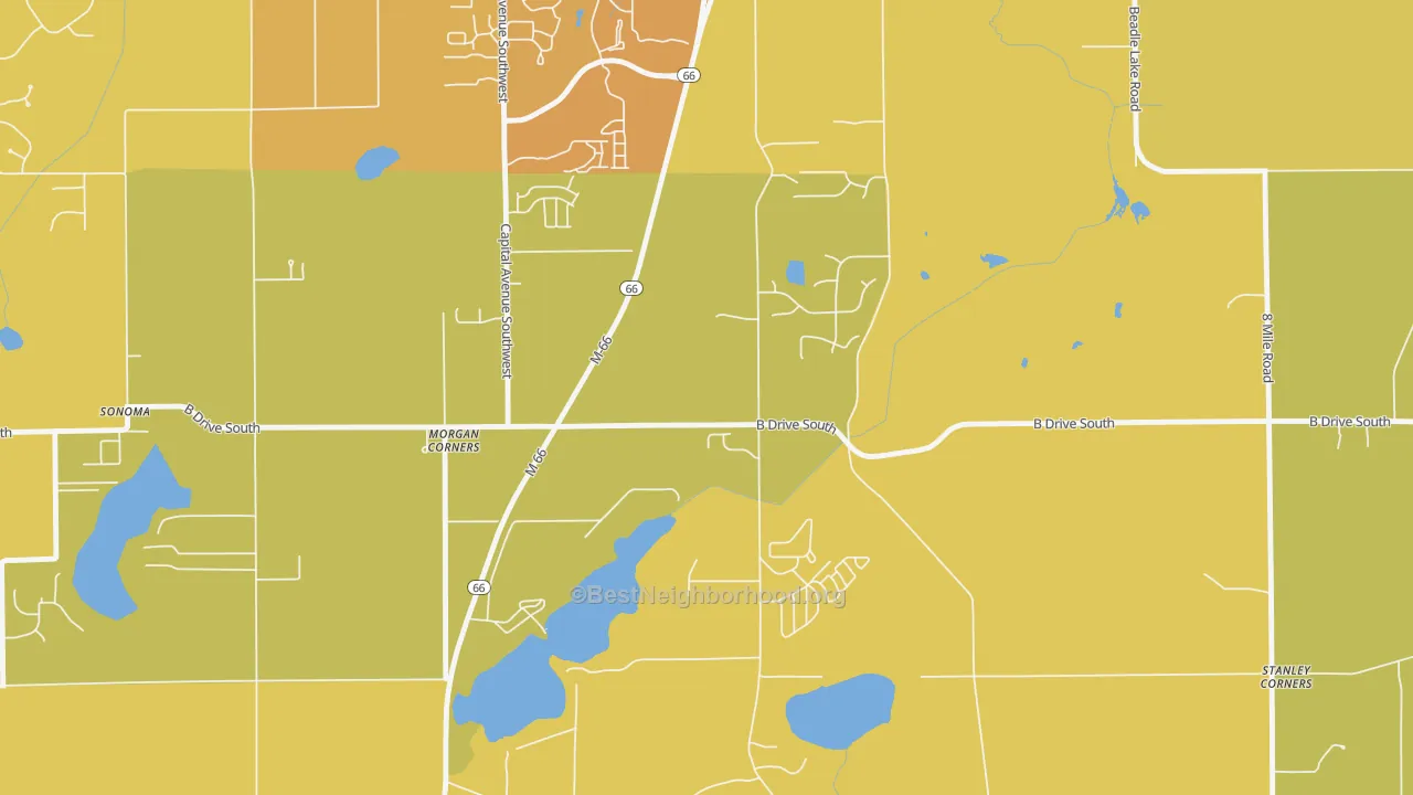 Map of the best neighborhoods in the Old Mill Gardens area, with better matches in green and worse matches in red
