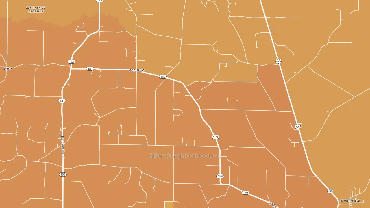 Map of the best neighborhoods in the Old Milo area, with better matches in green and worse matches in red