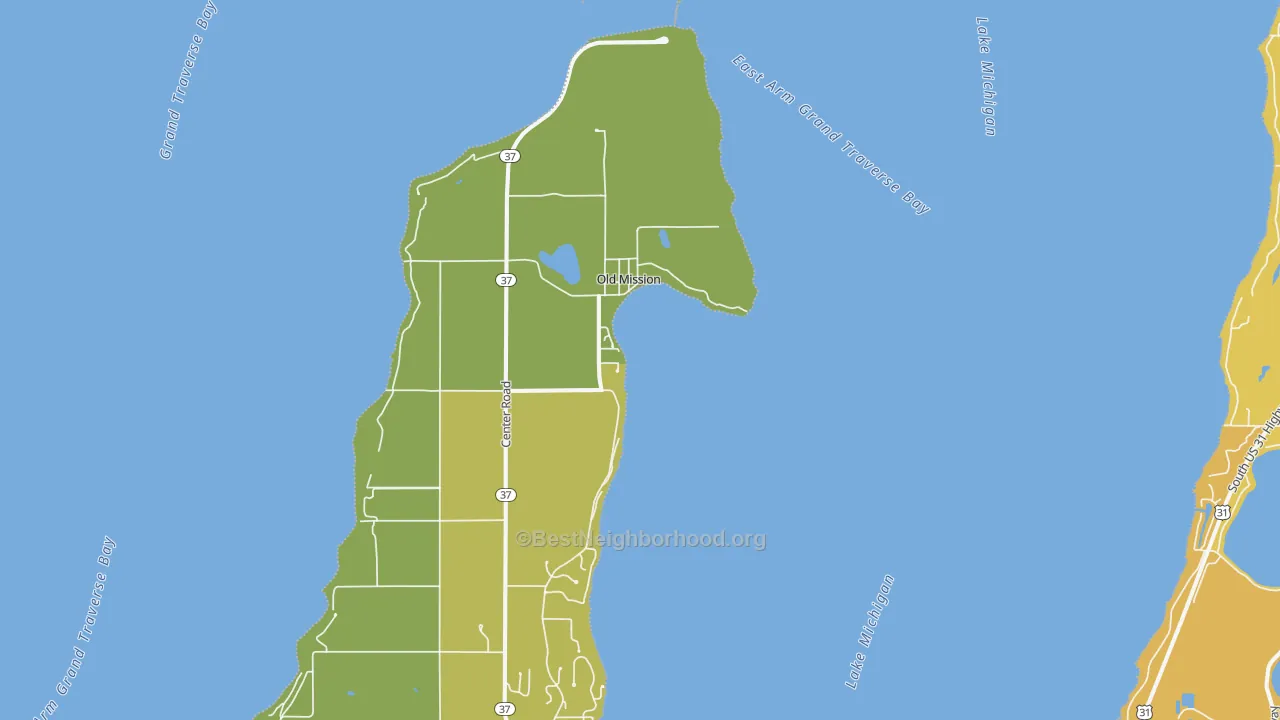 Map of the best neighborhoods in the Old Mission area, with better matches in green and worse matches in red