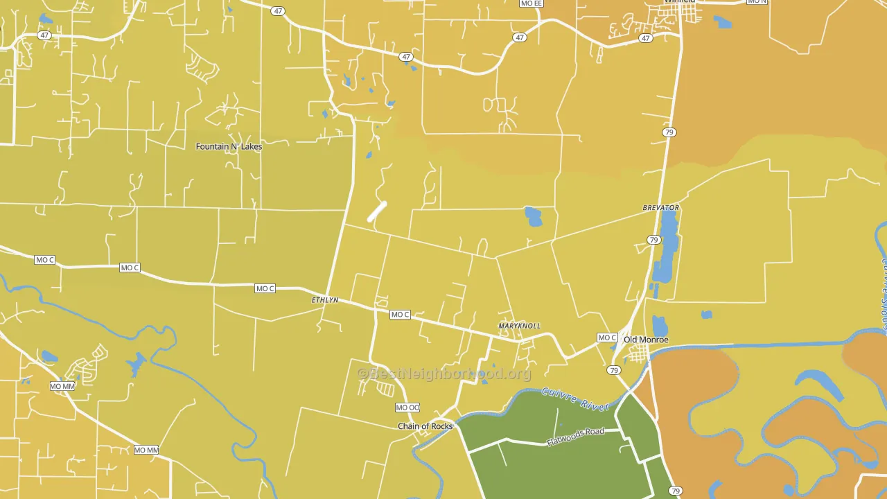 Map of the best neighborhoods in the Old Monroe area, with better matches in green and worse matches in red