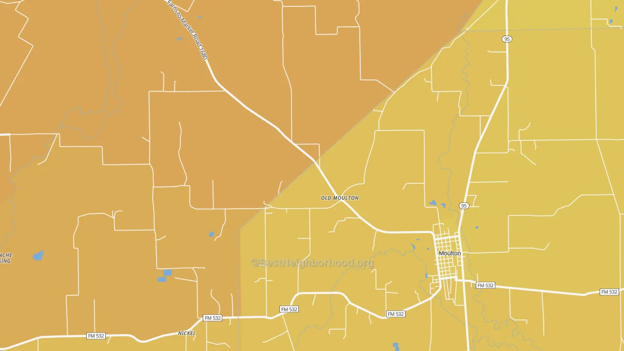 Map of the best neighborhoods in the Old Moulton area, with better matches in green and worse matches in red