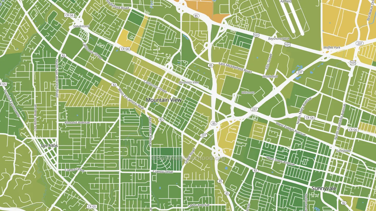 Map of the best neighborhoods in the Old Mountain View, Mountain View area, with better matches in green and worse matches in red
