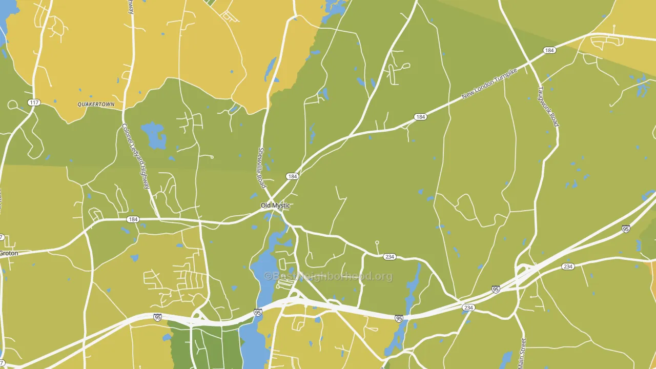Map of the best neighborhoods in the Old Mystic area, with better matches in green and worse matches in red
