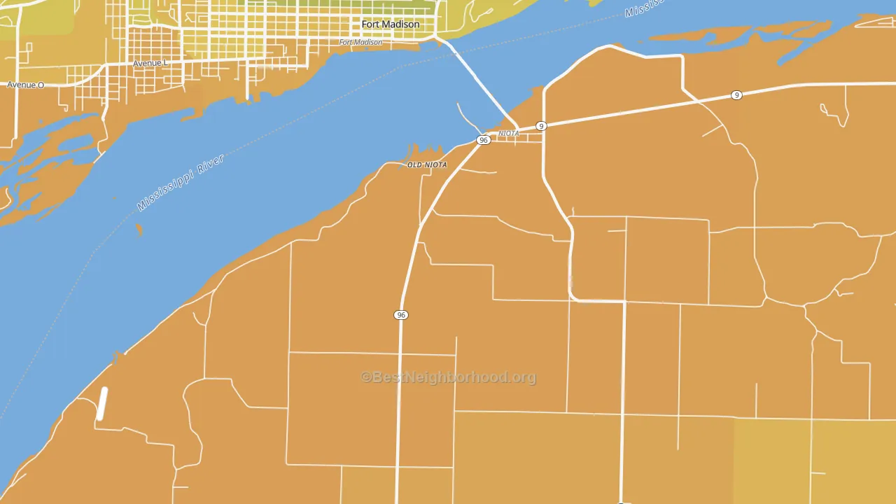 Map of the best neighborhoods in the Old Niota area, with better matches in green and worse matches in red